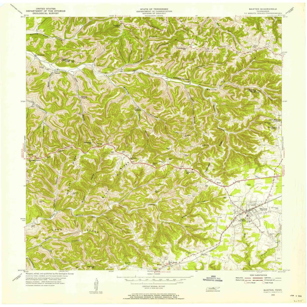 YellowMaps Baxter TN topo map, 1:24000 Scale, 7.5 X 7.5 Minute, Historical, 1955, Updated 1956, 27.5 x 22 in - Polypropylene
