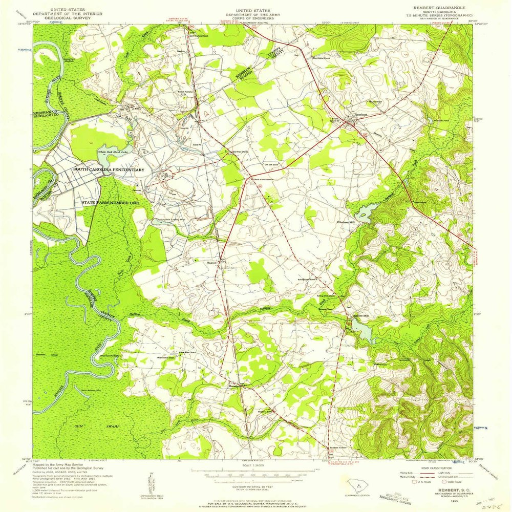 YellowMaps Rembert SC topo map, 1:24000 Scale, 7.5 X 7.5 Minute, Historical, 1953, Updated 1957, 26.8 x 22 in - Polypropylene