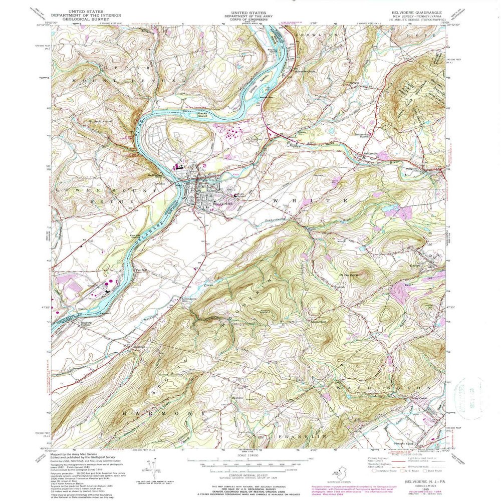 YellowMaps Belvidere NJ topo map, 1:24000 Scale, 7.5 X 7.5 Minute, Historical, 1955, Updated 1988, 27 x 22 in - Polypropylene