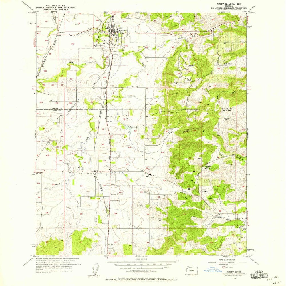 YellowMaps Amity OR topo map, 1:24000 Scale, 7.5 X 7.5 Minute, Historical, 1957, Updated 1958, 26.9 x 22 in - Polypropylene