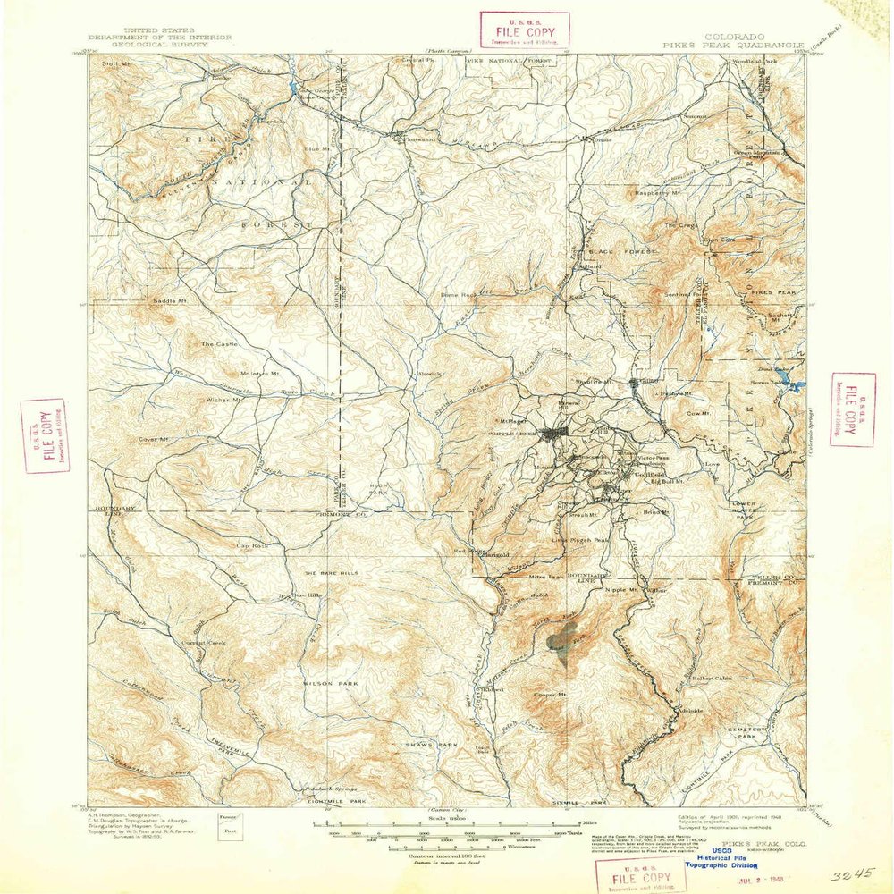 YellowMaps Pikes Peak CO topo map, 1:125000 Scale, 30 X 30 Minute, Historical, 1901, Updated 1948, 20.7 x 17.1 in - Tyvek