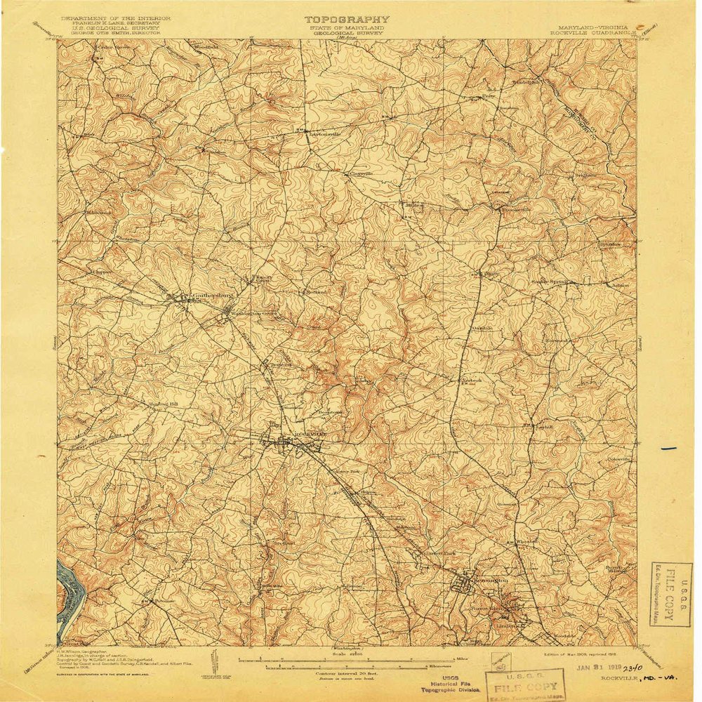 YellowMaps Rockville MD topo map, 1:62500 Scale, 15 X 15 Minute, Historical, 1908, Updated 1918, 20.2 x 16.5 in - Polypropylene
