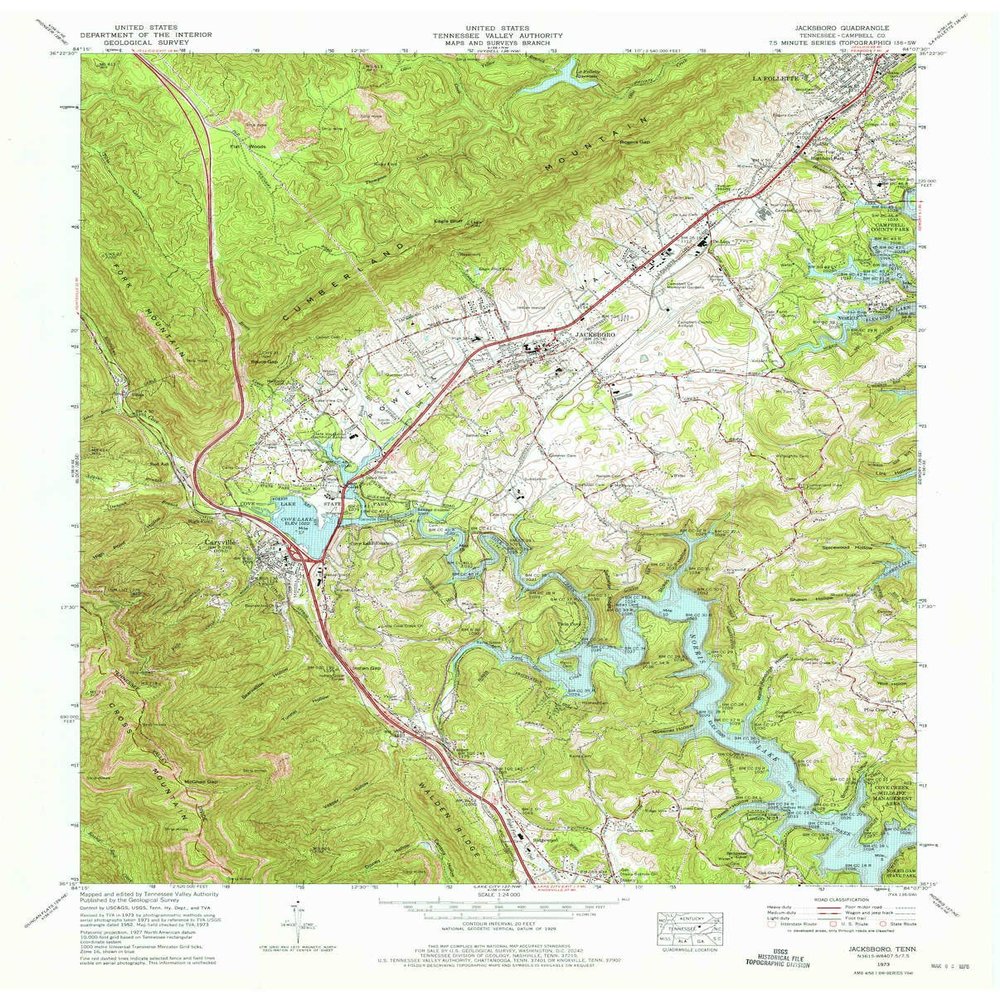YellowMaps Jacksboro TN topo map, 1:24000 Scale, 7.5 X 7.5 Minute, Historical, 1973, Updated 1975, 27.4 x 22 in - Tyvek