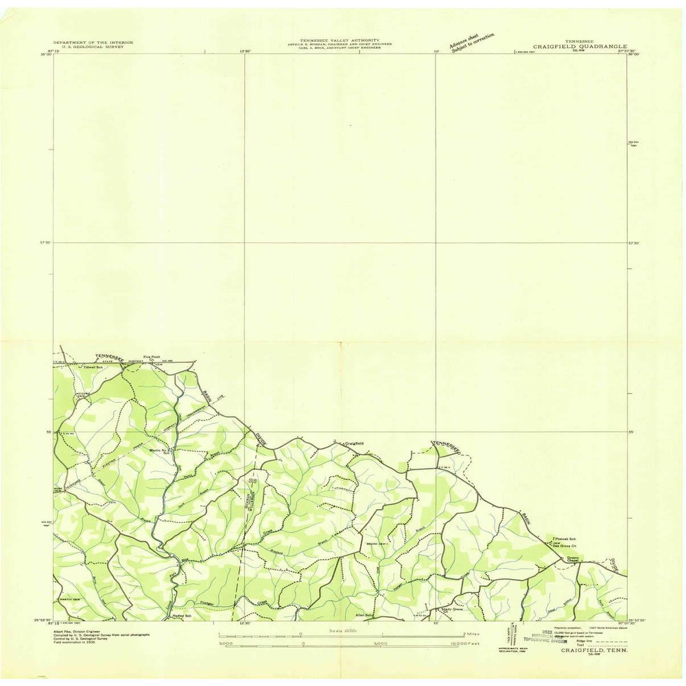 YellowMaps Craigfield TN topo map, 1:24000 Scale, 7.5 X 7.5 Minute, Historical, 1936, 27.5 x 22.1 in - Polypropylene
