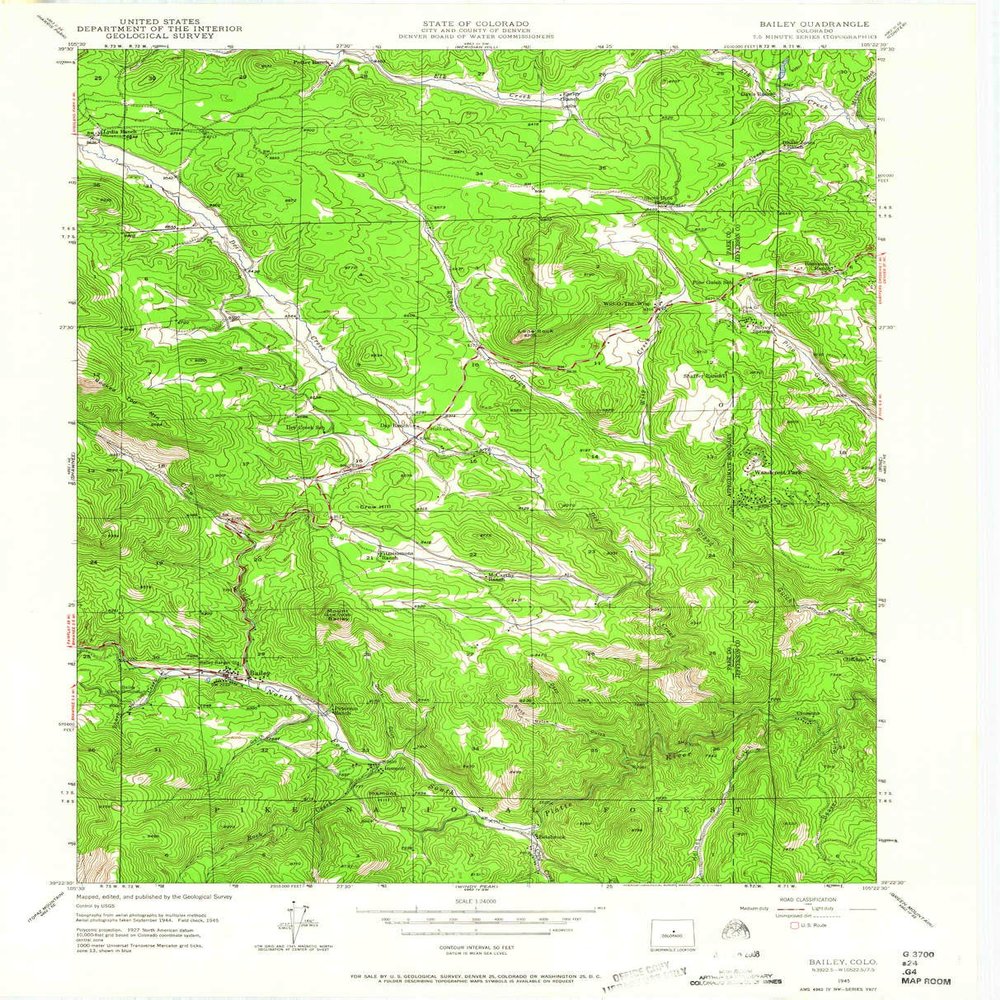 YellowMaps Bailey CO topo map, 1:24000 Scale, 7.5 X 7.5 Minute, Historical, 1945, Updated 1964, 27.3 x 22.1 in - Tyvek