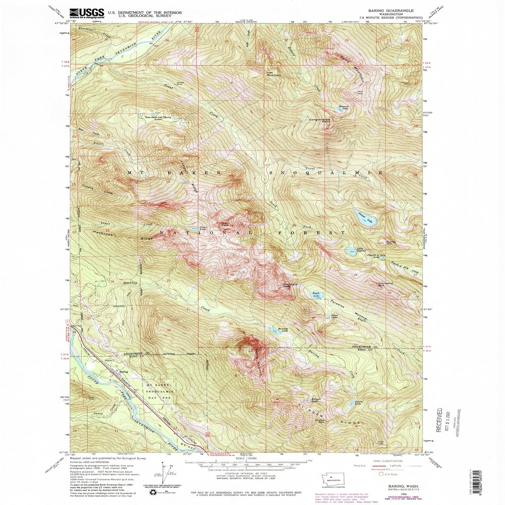 YellowMaps Baring WA topo map, 1:24000 Scale, 7.5 X 7.5 Minute, Historical, 1965, Updated 1982, 26.8 x 22 in - Polypropylene
