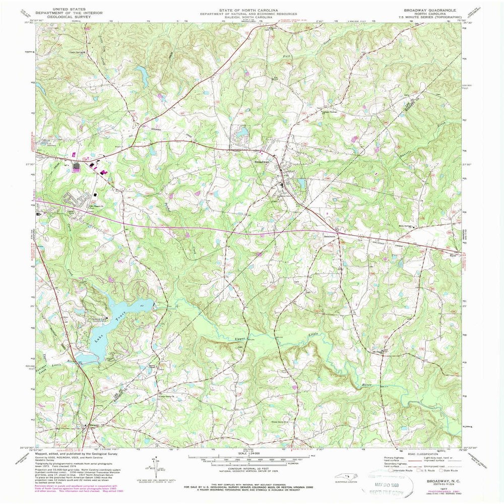 YellowMaps Broadway NC topo map, 1:24000 Scale, 7.5 X 7.5 Minute, Historical, 1977, Updated 1988, 26.9 x 22 in - Polypropylene