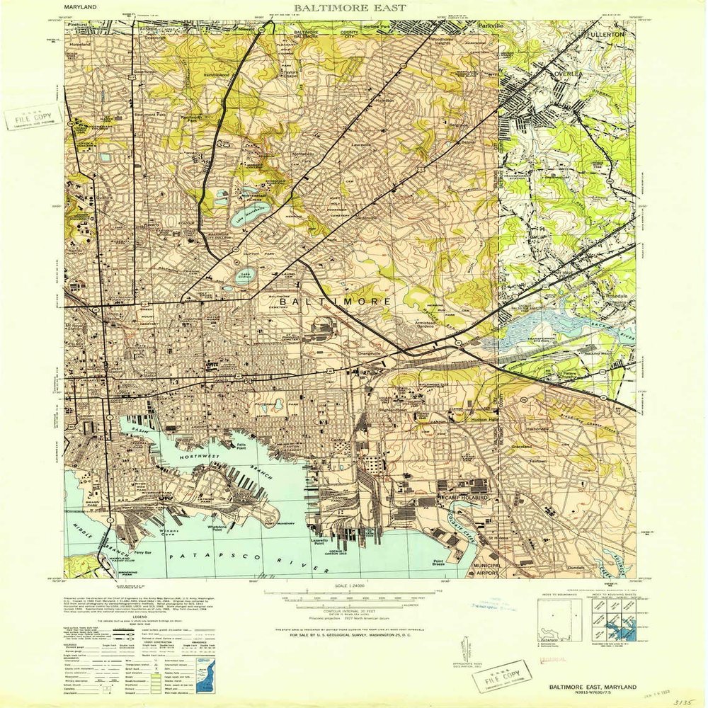 YellowMaps Baltimore East MD topo map, 1:24000 Scale, 7.5 X 7.5 Minute, Historical, 1953, 28.9 x 21.9 in - Polypropylene
