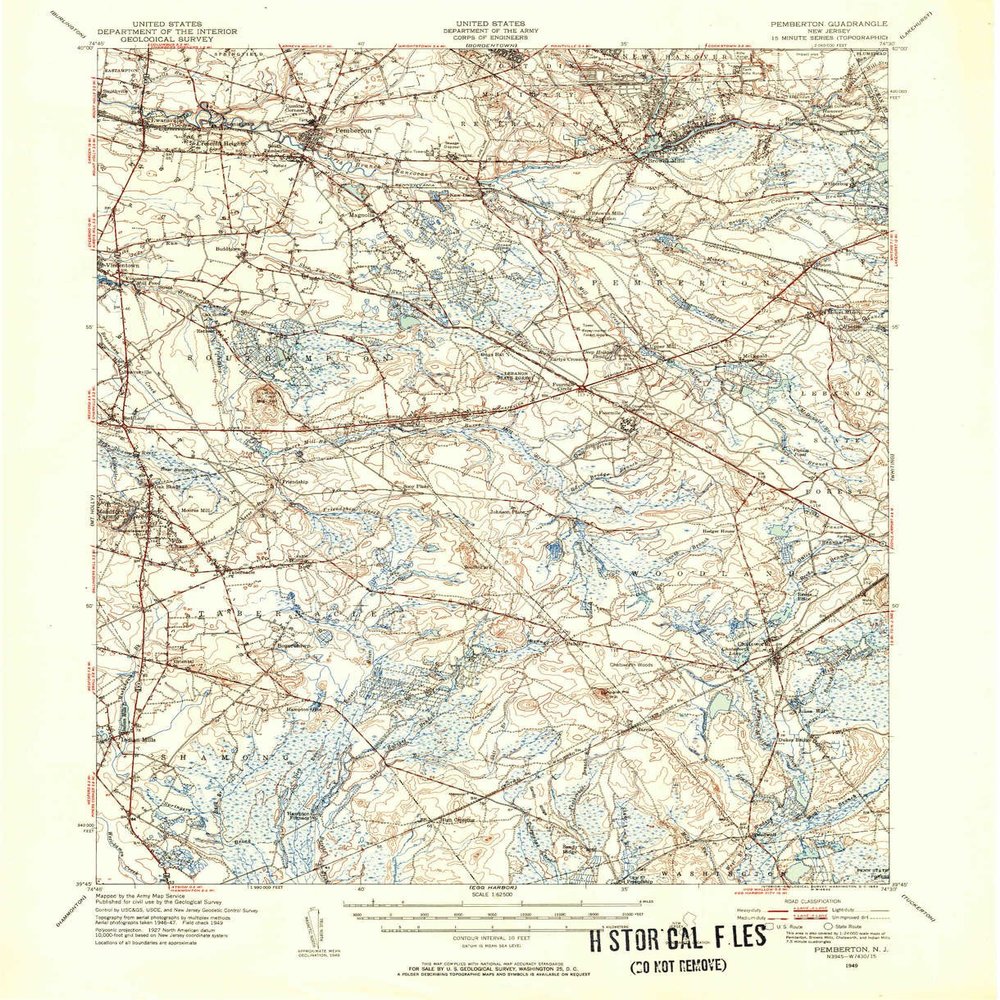 YellowMaps Pemberton NJ topo map, 1:62500 Scale, 15 X 15 Minute, Historical, 1949, Updated 1954, 20.9 x 17 in - Polypropylene