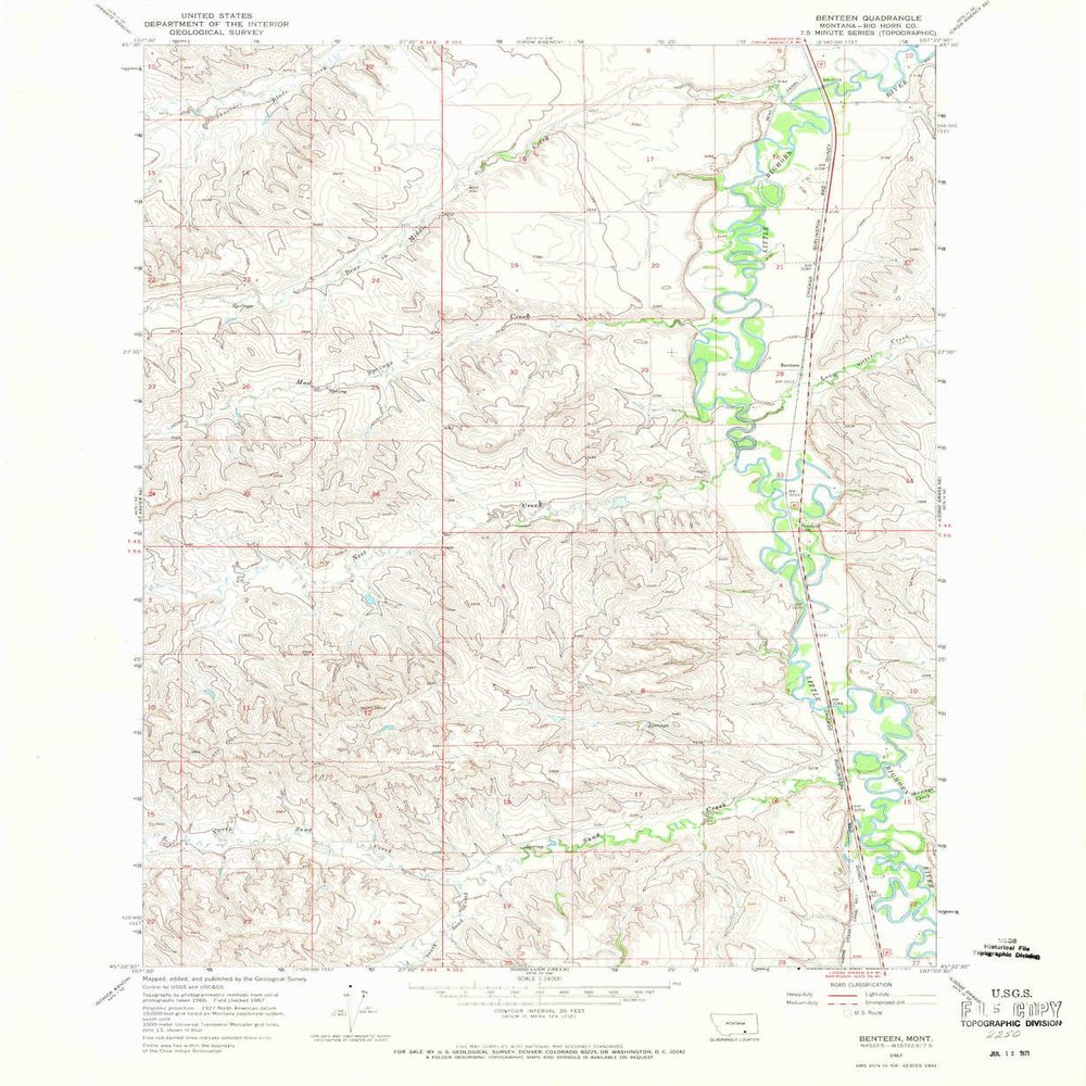 YellowMaps Benteen MT topo map, 1:24000 Scale, 7.5 X 7.5 Minute, Historical, 1967, Updated 1971, 26.9 x 22 in - Polypropylene