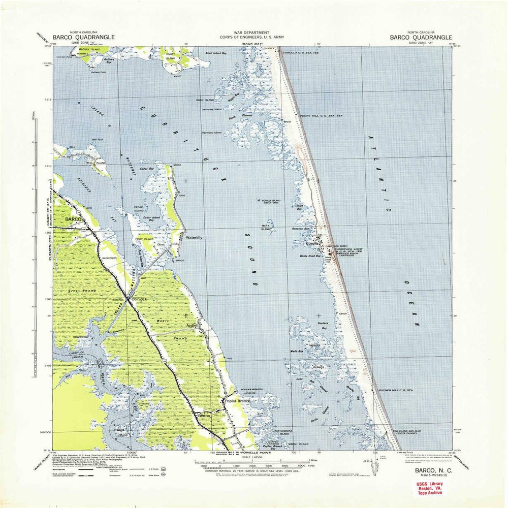 YellowMaps Barco NC topo map, 1:62500 Scale, 15 X 15 Minute, Historical, 1940, 22 x 18 in - Polypropylene