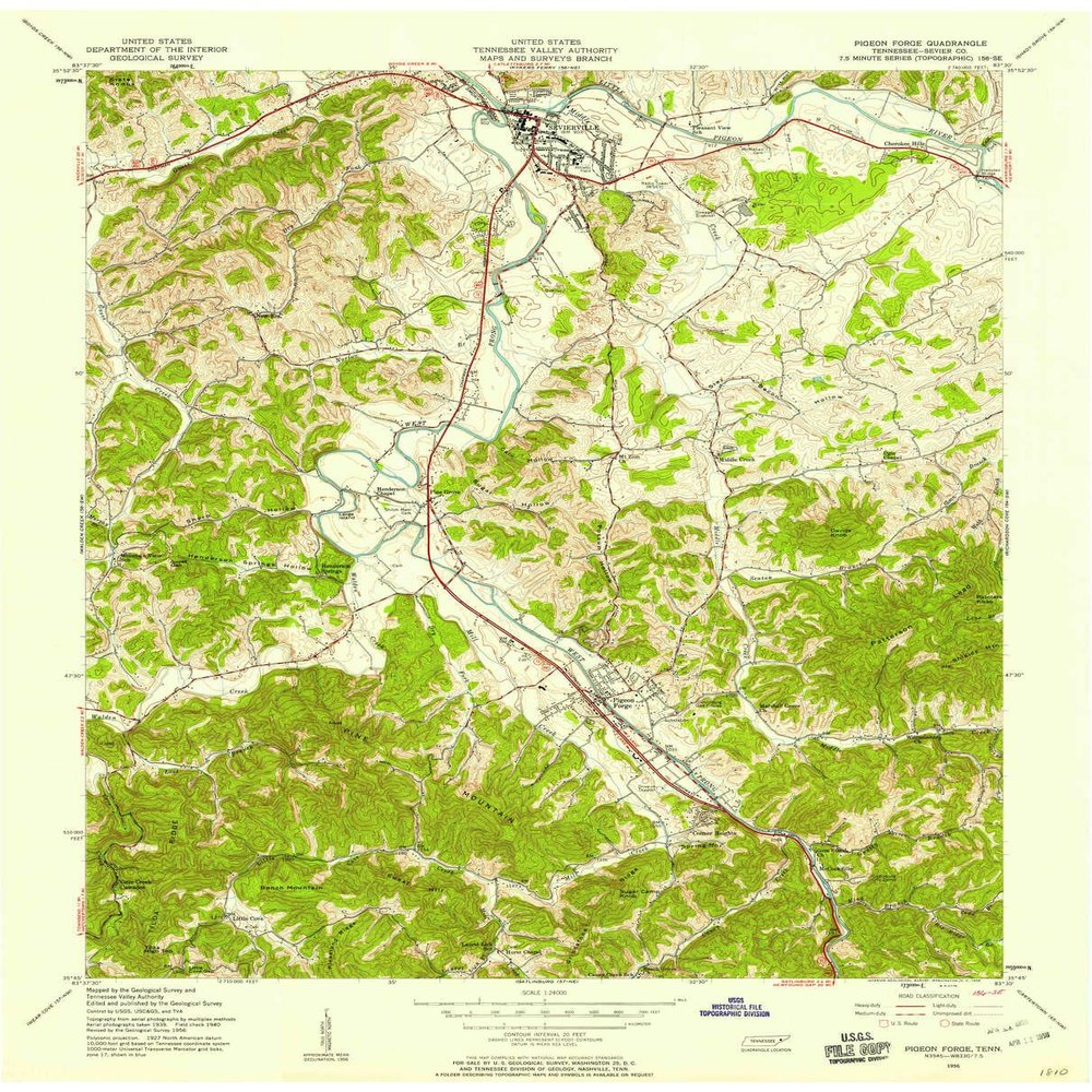 YellowMaps Pigeon Forge TN topo map, 1:24000 Scale, 7.5 X 7.5 Minute, Historical, 1956, Updated 1958, 27.3 x 22 in - Tyvek