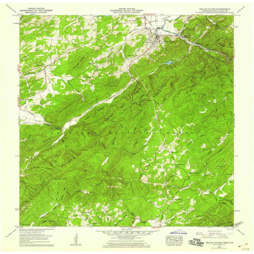 Tellico Plains TN topo map, 1:24000 Scale, 7.5 X 7.5 Minute, Historical, 1957, Updated 1959, 27.3 x 22.1 in - Tyvek