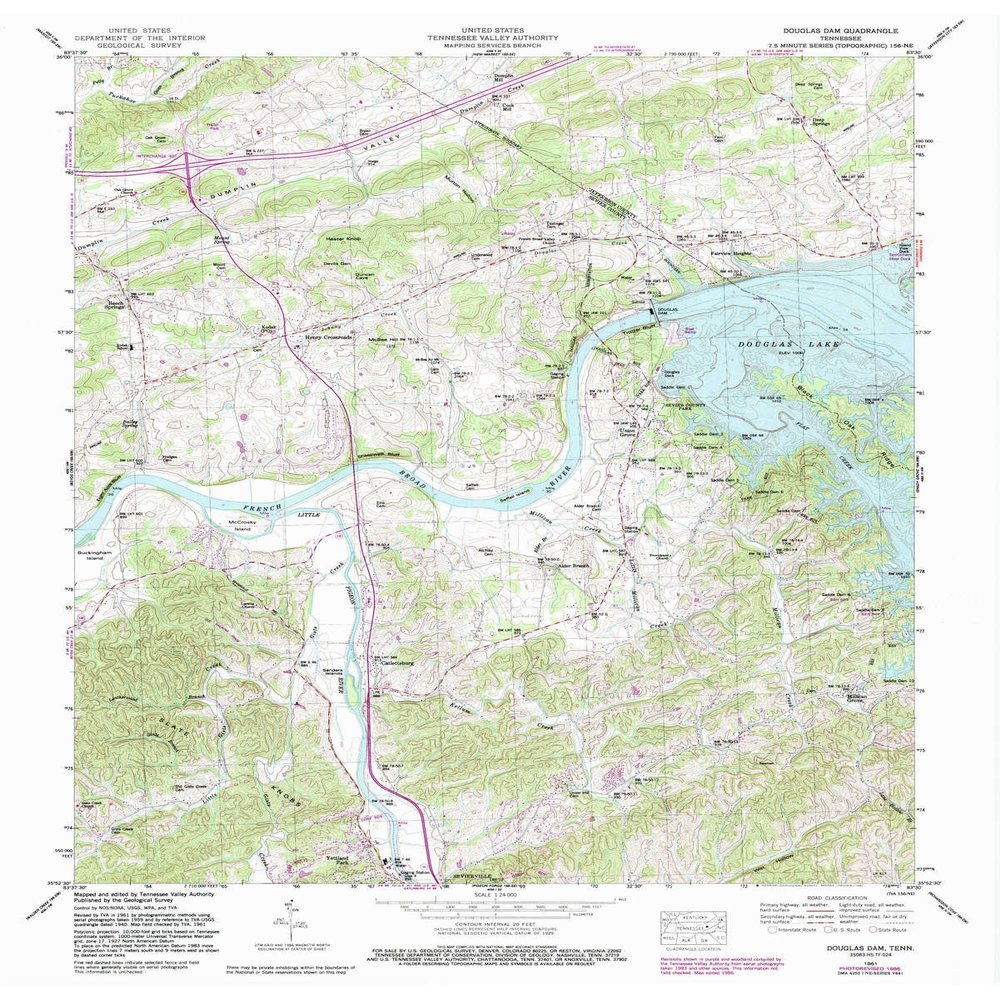 YellowMaps Douglas Dam TN topo map, 1:24000 Scale, 7.5 X 7.5 Minute, Historical, 1961, Updated 1987, 27.5 x 22 in - Polypropylene