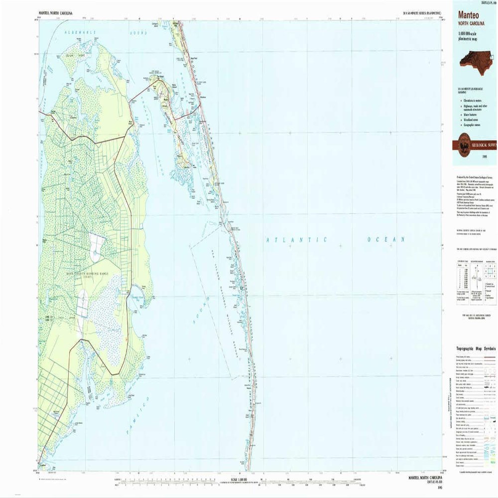 YellowMaps Manteo NC topo map, 1:100000 Scale, 30 X 60 Minute, Historical, 1985, Updated 1985, 24.1 x 44 in - Tyvek