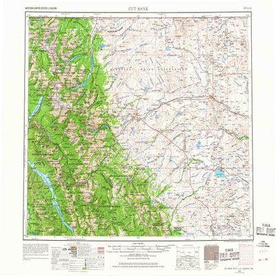 YellowMaps Cut Bank MT topo map, 1:250000 Scale, 1 X 2 Degree, Historical, 1960, Updated 1968, 22.1 x 29.1 in - Polypropylene