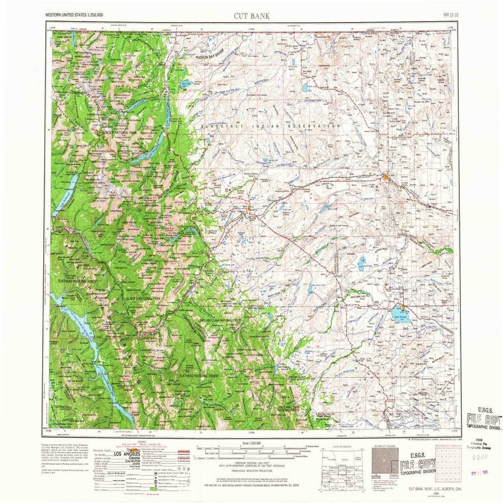 YellowMaps Cut Bank MT topo map, 1:250000 Scale, 1 X 2 Degree, Historical, 1960, Updated 1968, 22.1 x 29.1 in - Polypropylene