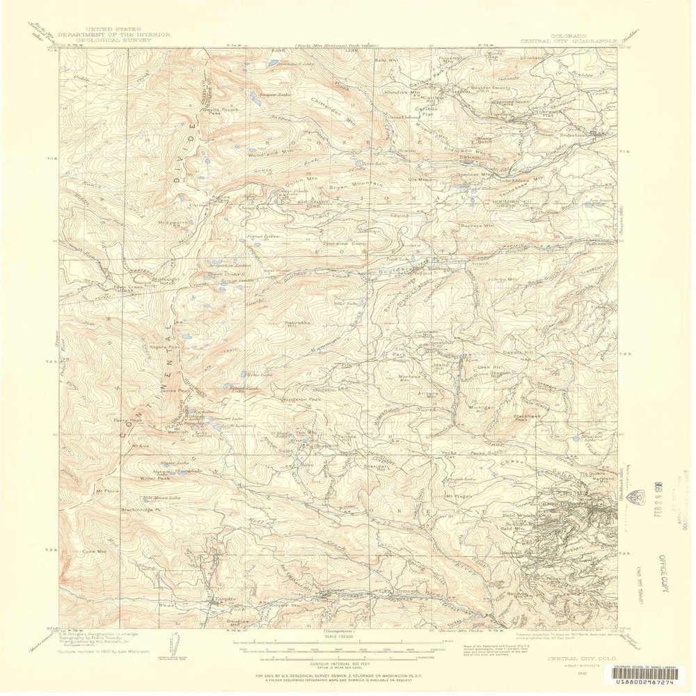 YellowMaps Central City CO topo map, 1:62500 Scale, 15 X 15 Minute, Historical, 1910, Updated 1957, 20.9 x 16.8 in - Tyvek