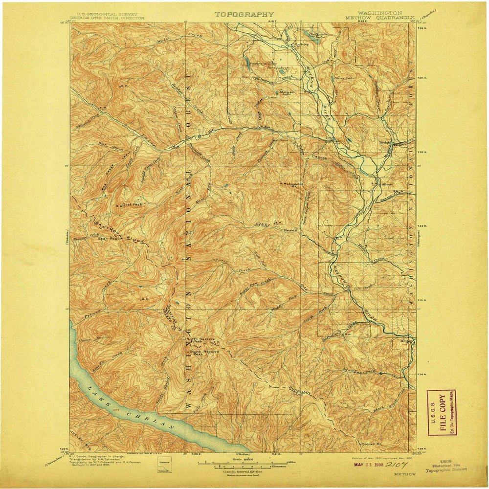 Methow WA topo map, 1:125000 Scale, 30 X 30 Minute, Historical, 1901, Updated 1908, 19.9 x 16.5 in - Polypropylene