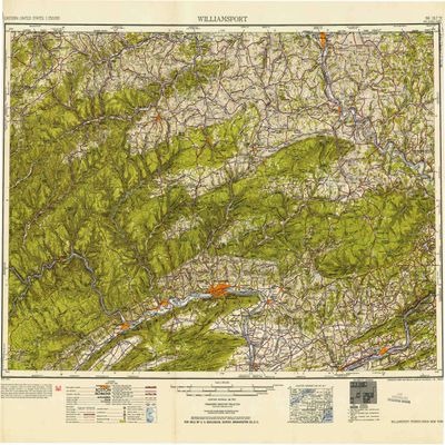 YellowMaps Williamsport PA topo map, 1:250000 Scale, 1 X 2 Degree, Historical, 1954, Updated 1954, 23 x 27.6 in - Polypropylene