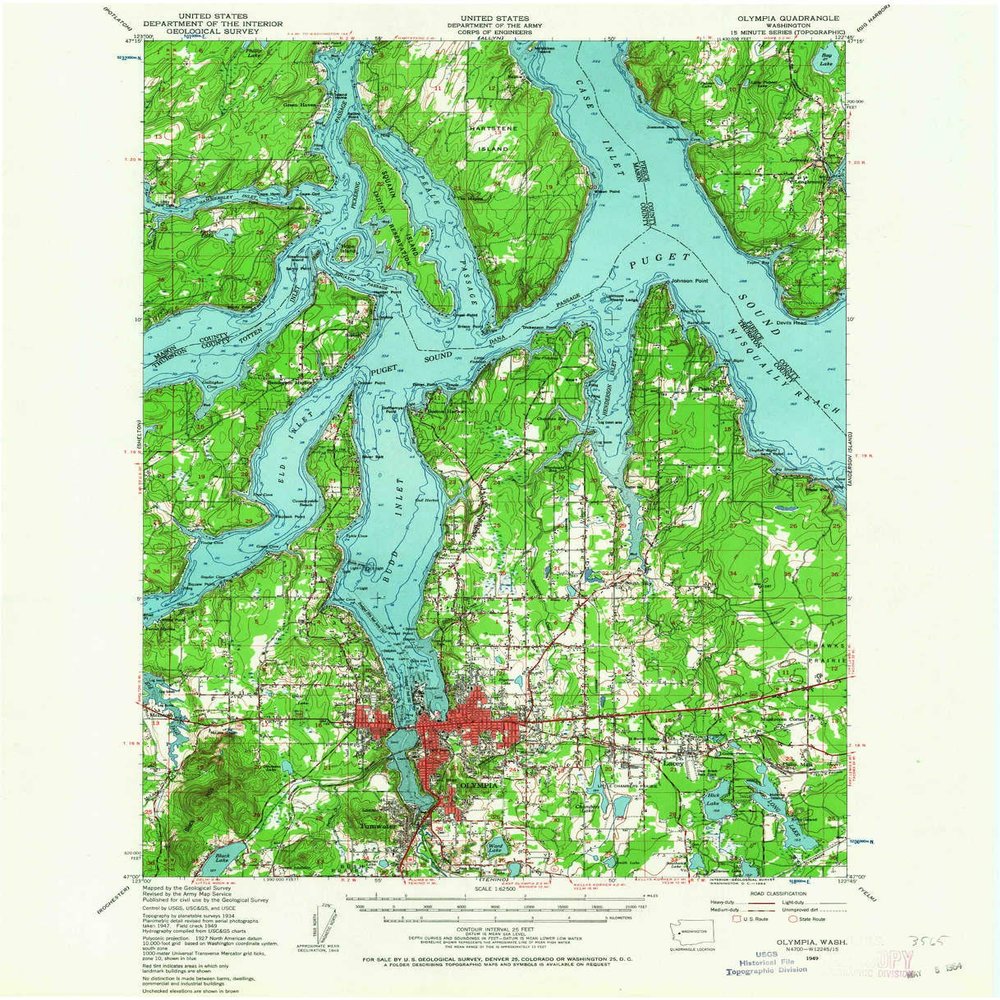 YellowMaps Olympia WA topo map, 1:62500 Scale, 15 X 15 Minute, Historical, 1949, Updated 1964, 20.9 x 17 in - Tyvek