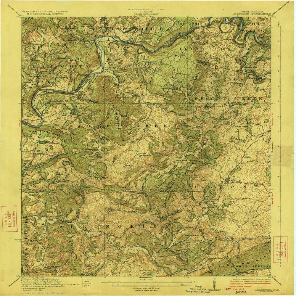 YellowMaps Alderson WV topo map, 1:62500 Scale, 15 X 15 Minute, Historical, 1923, 19.9 x 16.5 in - Polypropylene