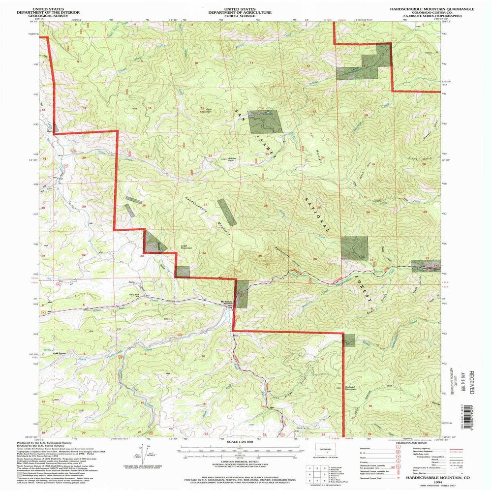 YellowMaps Hardscrabble Mountain CO topo map, 1:24000 Scale, 7.5 X 7.5 Minute, Historical, 1994, Updated 1998, 26.8 x 21.9 in - Polypropylene
