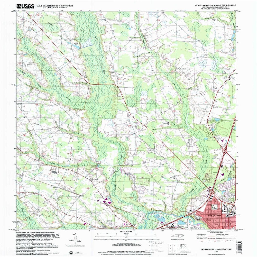 YellowMaps Northwest Lumberton NC topo map, 1:24000 Scale, 7.5 X 7.5 Minute, Historical, 1997, Updated 2000, 26.8 x 22 in - Polypropylene