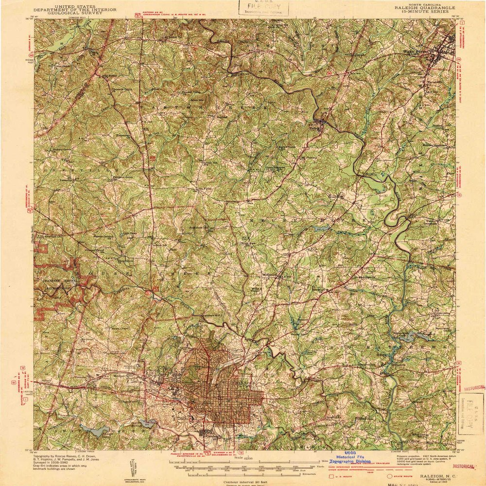 YellowMaps Raleigh NC topo map, 1:62500 Scale, 15 X 15 Minute, Historical, 1943, 19.7 x 16.4 in - Polypropylene