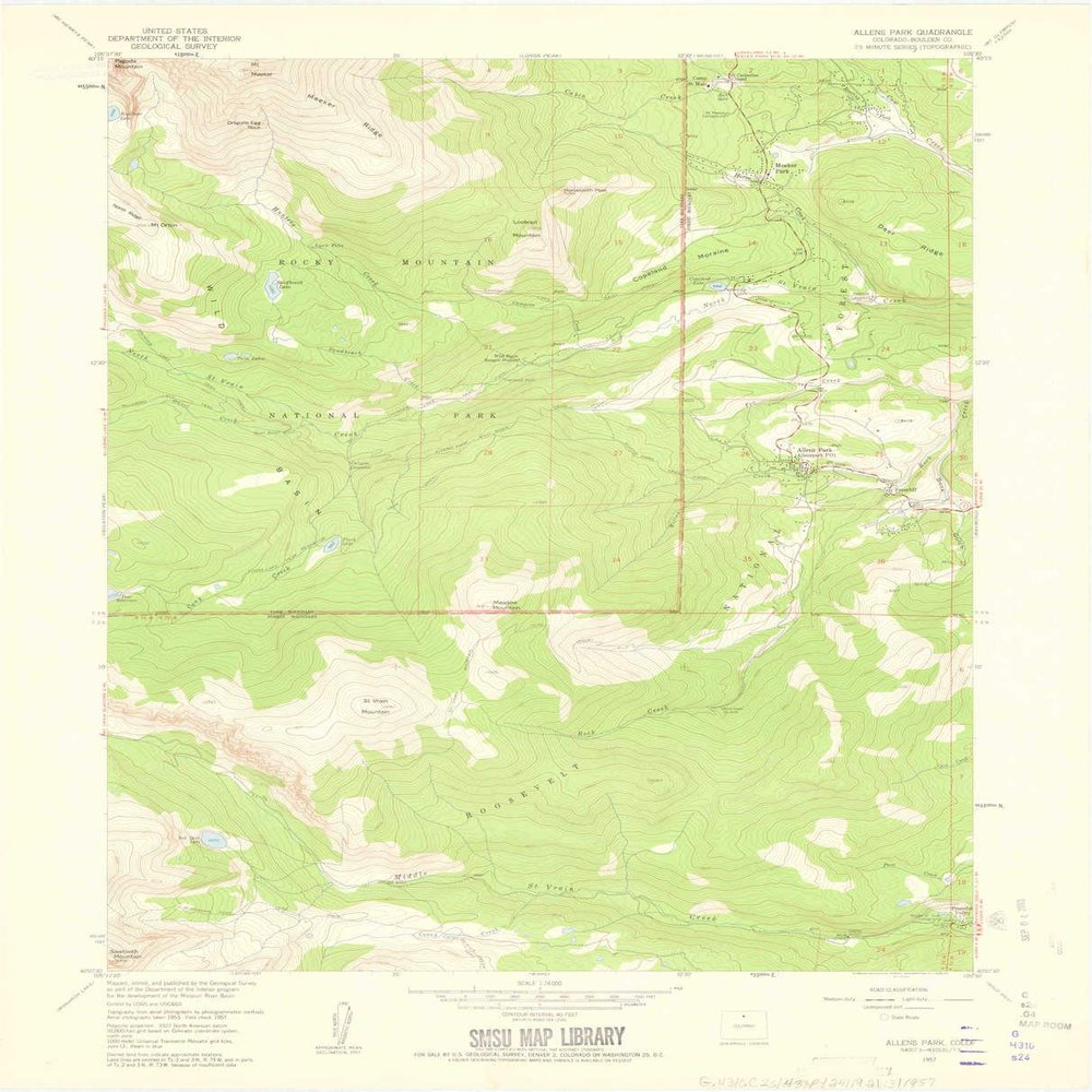 YellowMaps Allens Park CO topo map, 1:24000 Scale, 7.5 X 7.5 Minute, Historical, 1957, Updated 1959, 27.3 x 22 in - Polypropylene