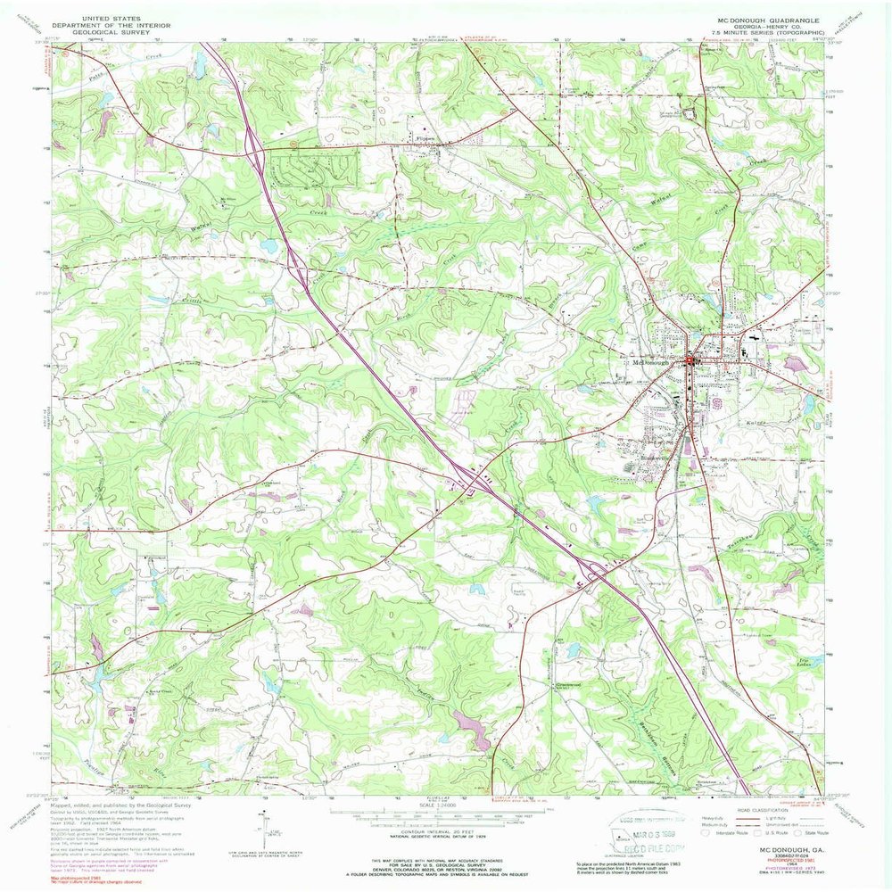 YellowMaps Mc Donough GA topo map, 1:24000 Scale, 7.5 X 7.5 Minute, Historical, 1964, Updated 1989, 26.9 x 22 in - Polypropylene