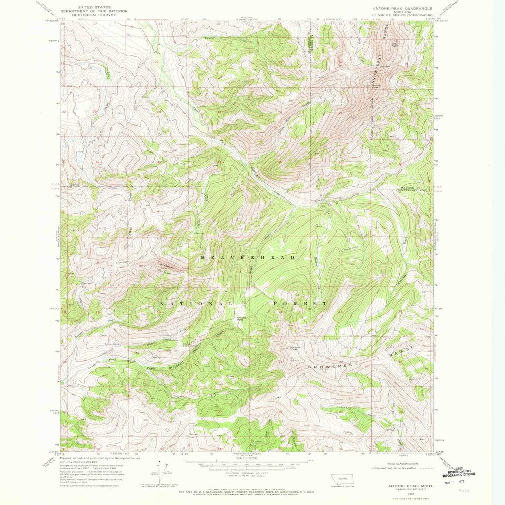 YellowMaps Antone Peak MT topo map, 1:24000 Scale, 7.5 X 7.5 Minute, Historical, 1968, Updated 1972, 26.7 x 22 in - Polypropylene
