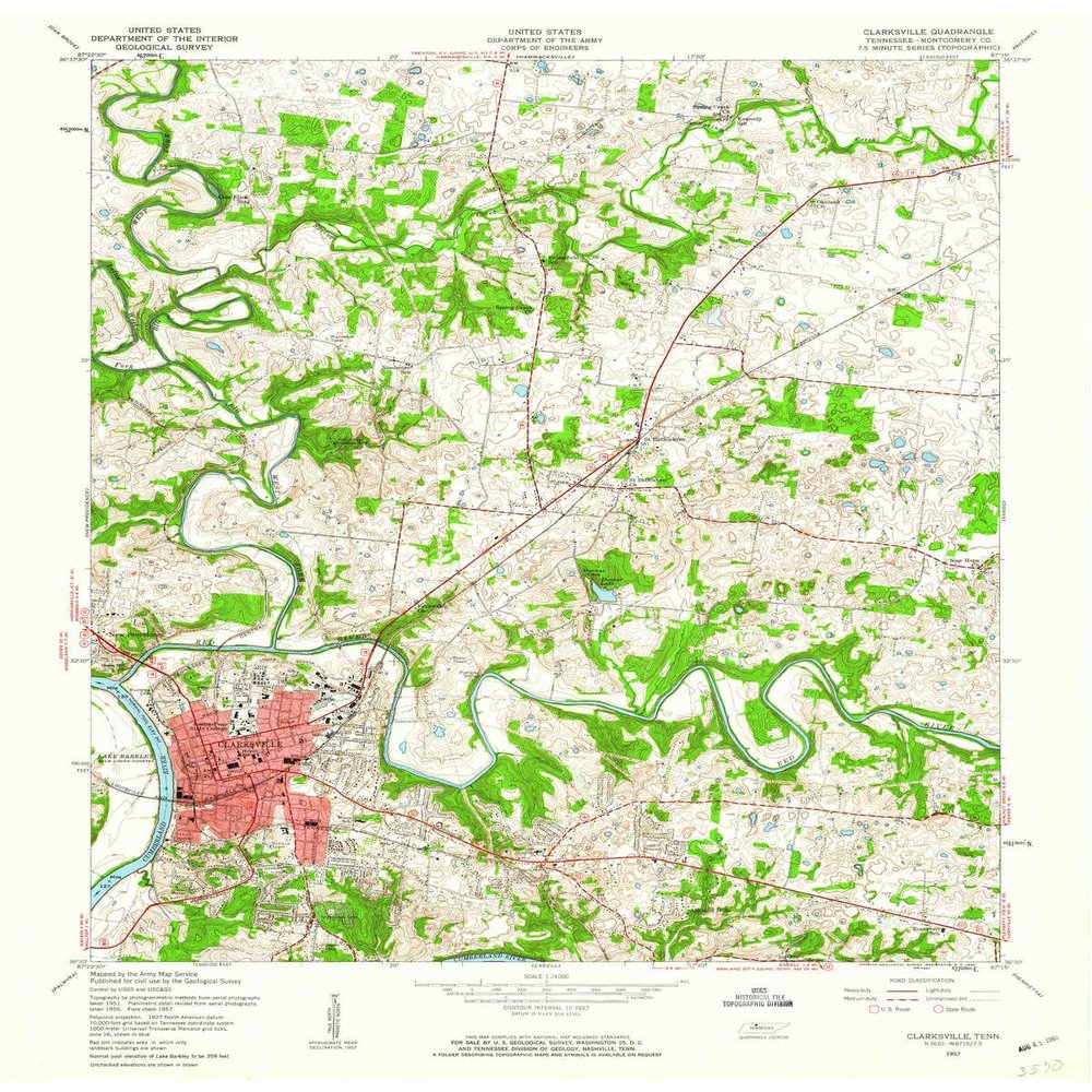 YellowMaps Clarksville TN topo map, 1:24000 Scale, 7.5 X 7.5 Minute, Historical, 1957, Updated 1960, 27.5 x 22 in - Polypropylene