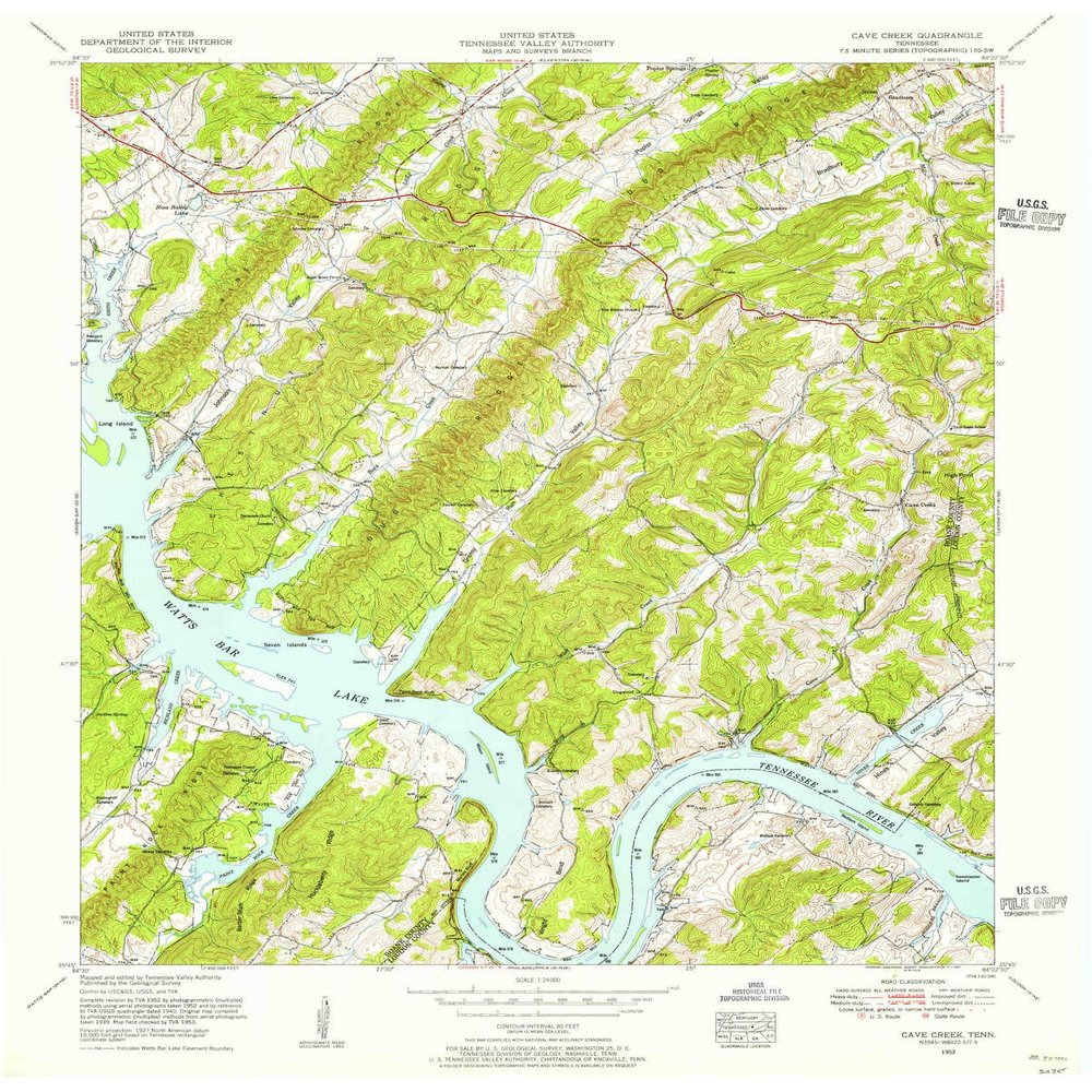 YellowMaps Cave Creek TN topo map, 1:24000 Scale, 7.5 X 7.5 Minute, Historical, 1953, Updated 1955, 27.5 x 22.1 in - Tyvek