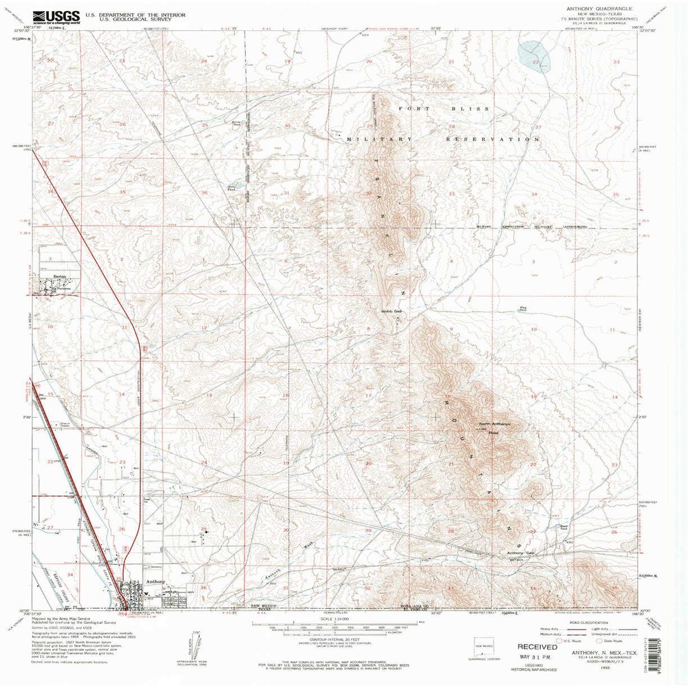 YellowMaps Anthony NM topo map, 1:24000 Scale, 7.5 X 7.5 Minute, Historical, 1955, Updated 1962, 27 x 22 in - Polypropylene