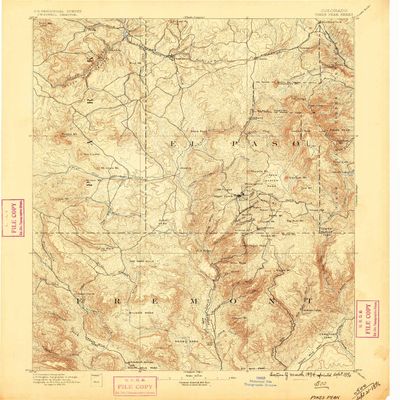 YellowMaps Pikes Peak CO topo map, 1:125000 Scale, 30 X 30 Minute, Historical, 1894, Updated 1896, 19.9 x 17.1 in - Polypropylene