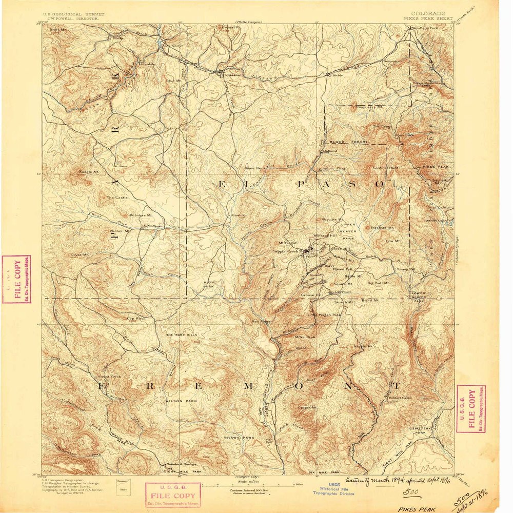 YellowMaps Pikes Peak CO topo map, 1:125000 Scale, 30 X 30 Minute, Historical, 1894, Updated 1896, 19.9 x 17.1 in - Polypropylene
