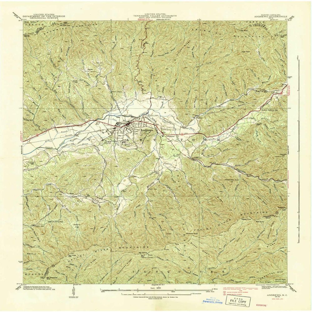 YellowMaps Andrews NC topo map, 1:24000 Scale, 7.5 X 7.5 Minute, Historical, 1938, 27 x 22.1 in - Tyvek