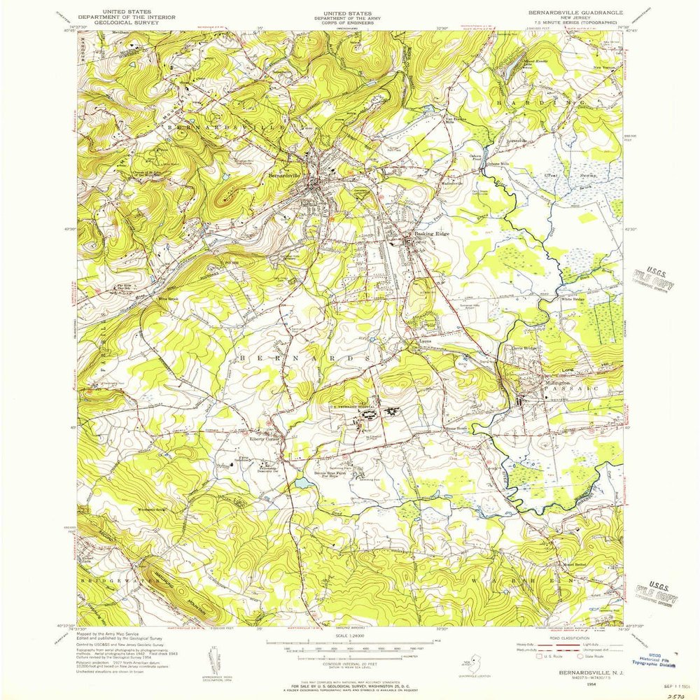 YellowMaps Bernardsville NJ topo map, 1:24000 Scale, 7.5 X 7.5 Minute, Historical, 1954, Updated 1956, 26.8 x 22.3 in - Tyvek