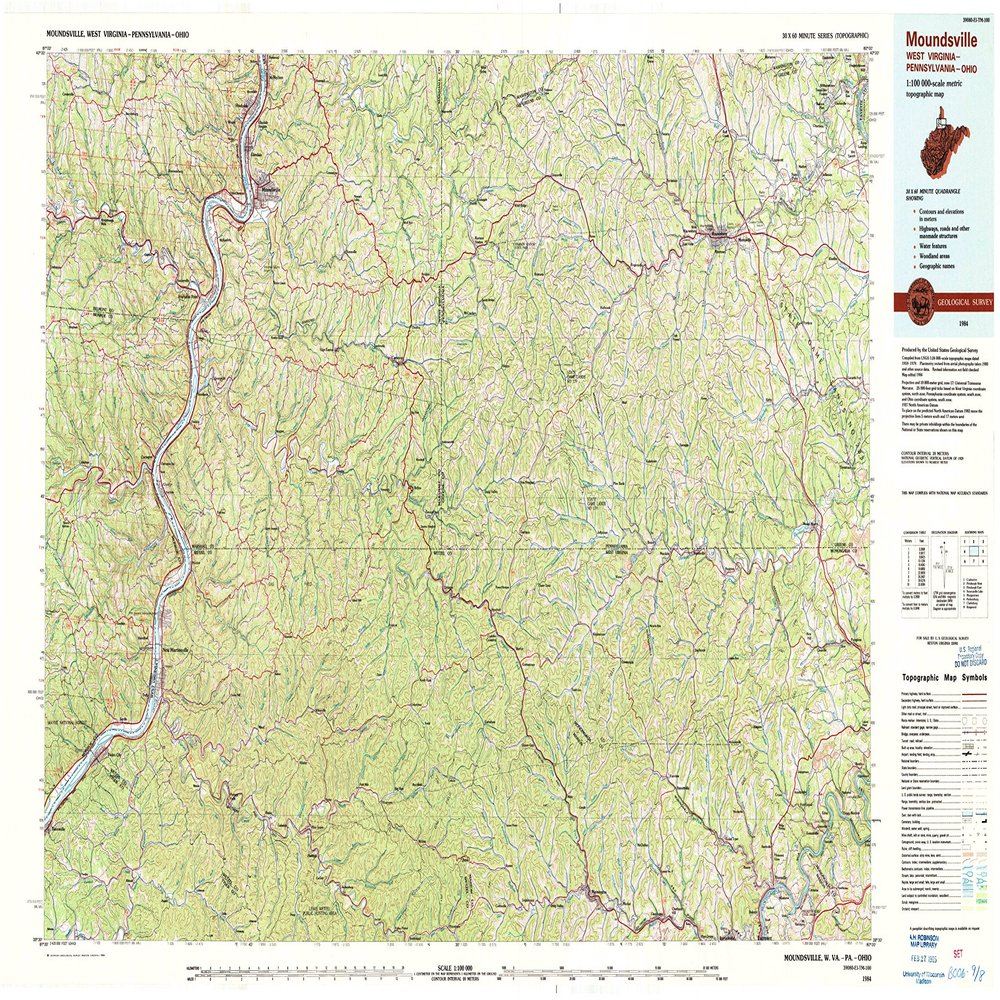 YellowMaps Moundsville WV topo map, 1:100000 Scale, 30 X 60 Minute, Historical, 1984, Updated 1984, 24.6 x 40.9 in - Polypropylene