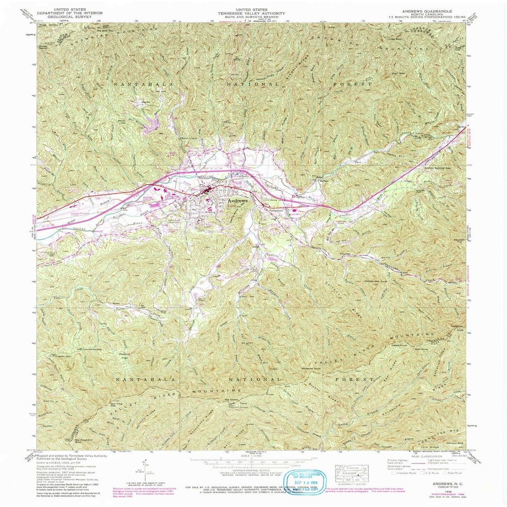 YellowMaps Andrews NC topo map, 1:24000 Scale, 7.5 X 7.5 Minute, Historical, 1938, Updated 1991, 27 x 22.1 in - Tyvek