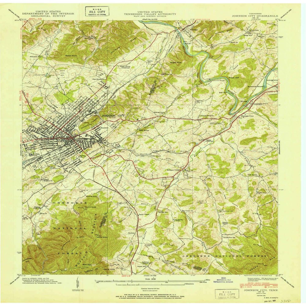 YellowMaps Johnson City TN topo map, 1:24000 Scale, 7.5 X 7.5 Minute, Historical, 1940, Updated 1951, 27.4 x 22 in - Polypropylene