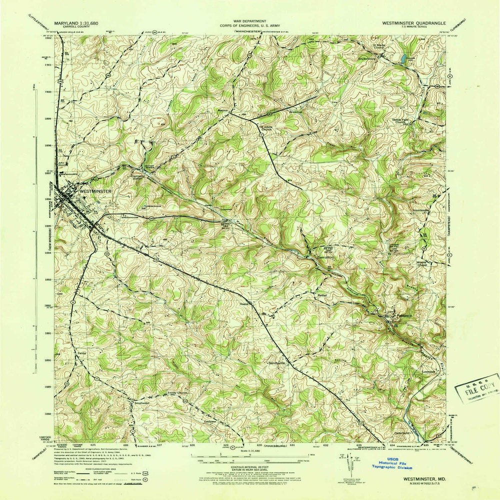 YellowMaps Westminster MD topo map, 1:31680 Scale, 7.5 X 7.5 Minute, Historical, 1944, 21.2 x 17 in - Polypropylene