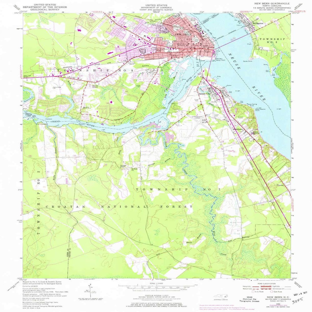 YellowMaps New Bern NC topo map, 1:24000 Scale, 7.5 X 7.5 Minute, Historical, 1950, Updated 1977, 26.8 x 21.8 in - Tyvek