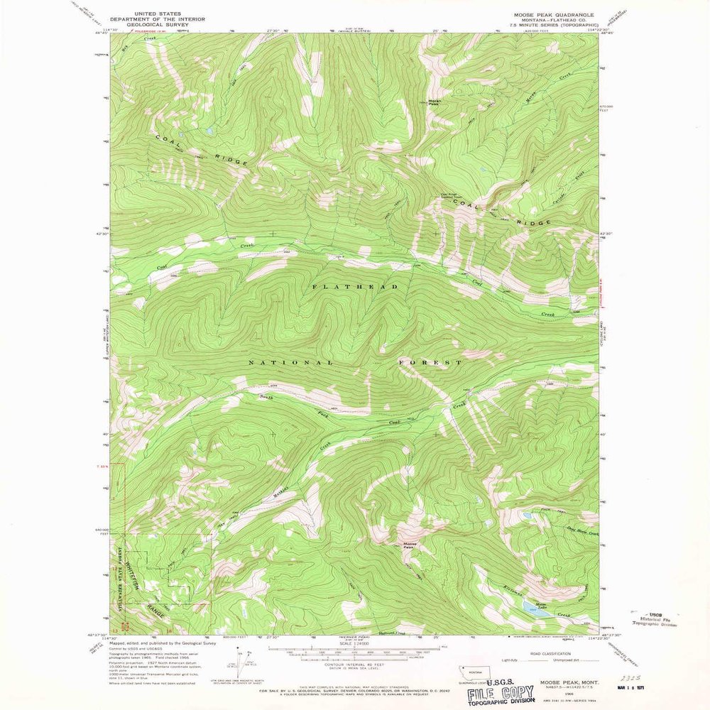 YellowMaps Moose Peak MT topo map, 1:24000 Scale, 7.5 X 7.5 Minute, Historical, 1966, Updated 1971, 26.9 x 21.9 in - Polypropylene