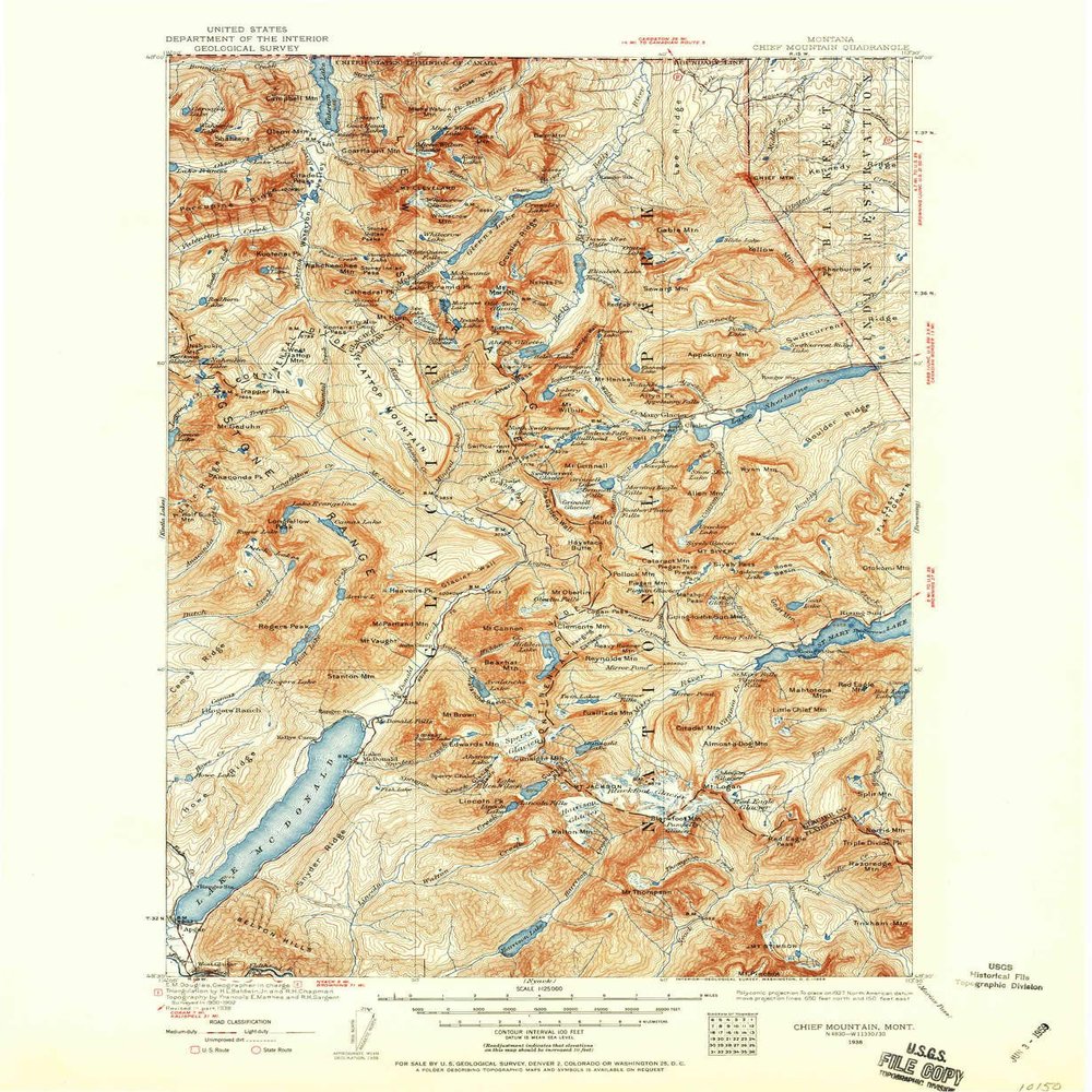 YellowMaps Chief Mountain MT topo map, 1:125000 Scale, 30 X 30 Minute, Historical, 1938, Updated 1959, 20.8 x 17 in - Tyvek