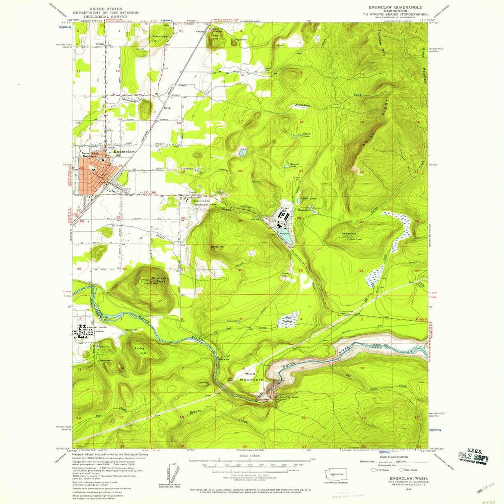 YellowMaps Enumclaw WA topo map, 1:24000 Scale, 7.5 X 7.5 Minute, Historical, 1956, Updated 1958, 27 x 22 in - Polypropylene