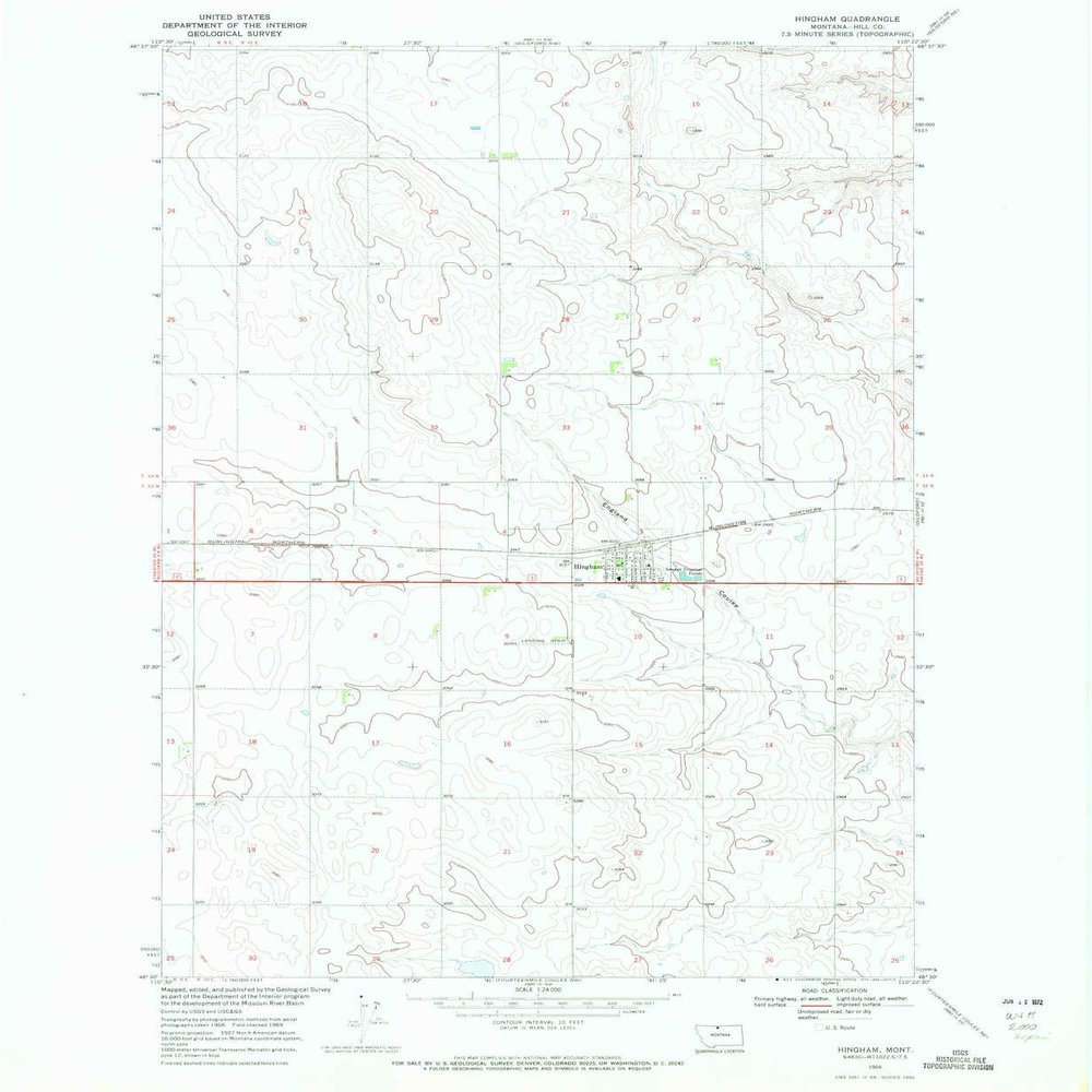 YellowMaps Hingham MT topo map, 1:24000 Scale, 7.5 X 7.5 Minute, Historical, 1969, Updated 1972, 26.7 x 22 in - Polypropylene