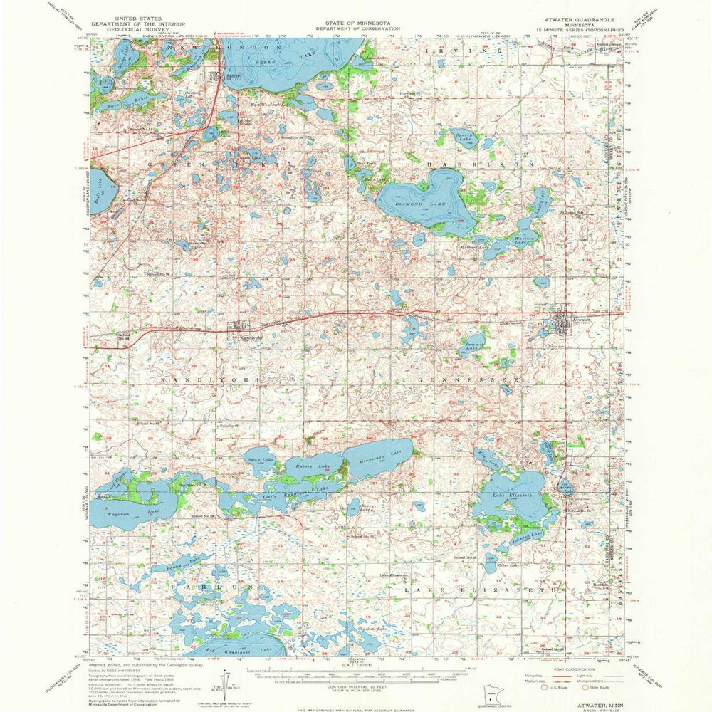YellowMaps Atwater MN topo map, 1:62500 Scale, 15 X 15 Minute, Historical, 1956, Updated 1974, 20.1 x 16.5 in - Tyvek
