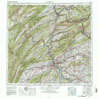YellowMaps Harrisburg PA topo map, 1:250000 Scale, 1 X 2 Degree, Historical, 1957, Updated 1988, 22.2 x 32.2 in - Polypropylene